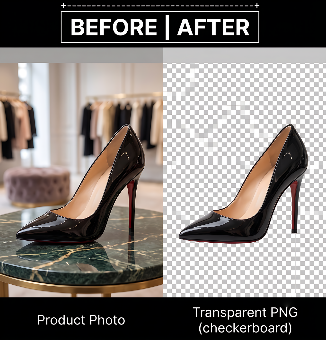 Before and after AI background removal — product photo converted to a transparent PNG